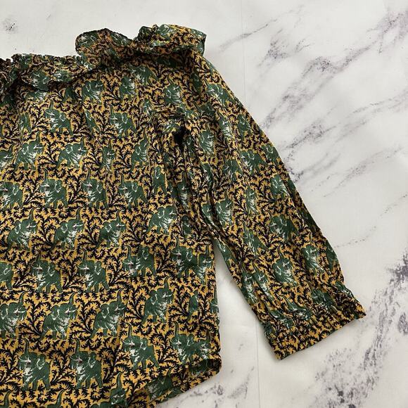 J.Crew Womens Off Shoulder Ratti Top Size M Yellow Green Elephants Ruffle Button - Picture 10 of 12